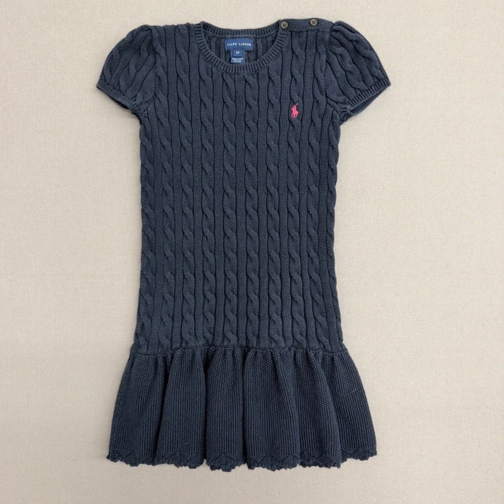 Ralph Lauren Girls Navy Blue Cable Knit Ruffle Hem Sweater Dress Size 6X pony